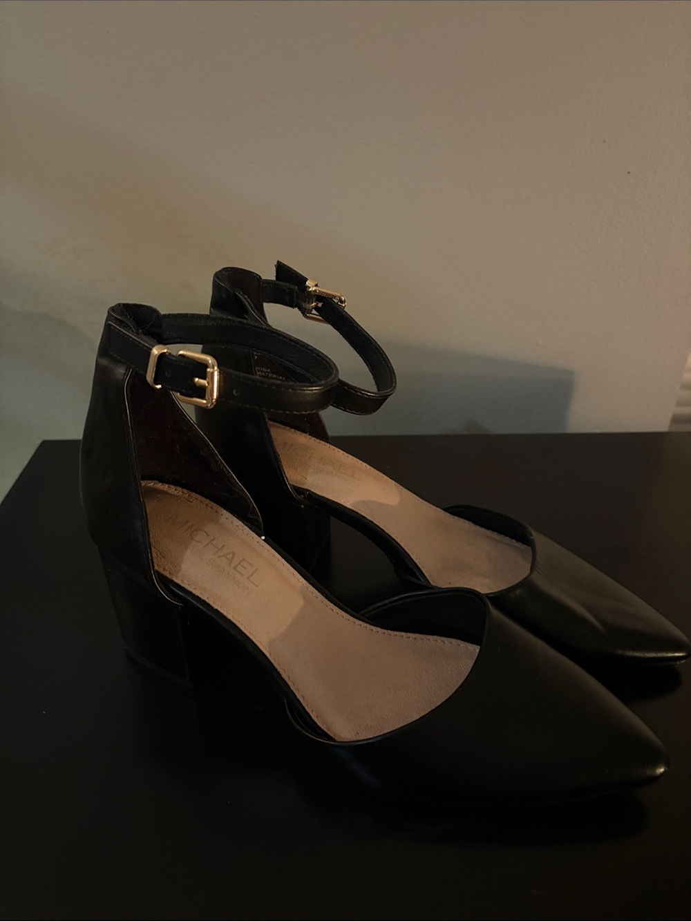 Michael Kors Black Pointed-Toe Ankle-Strap Block Heels with Gold Buckles